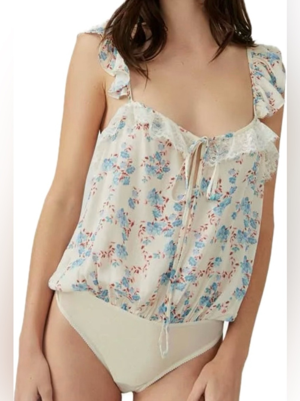 Intimately by Free People Take It Away Floral Ruffle Bodysuit Size XS Ivory Blue